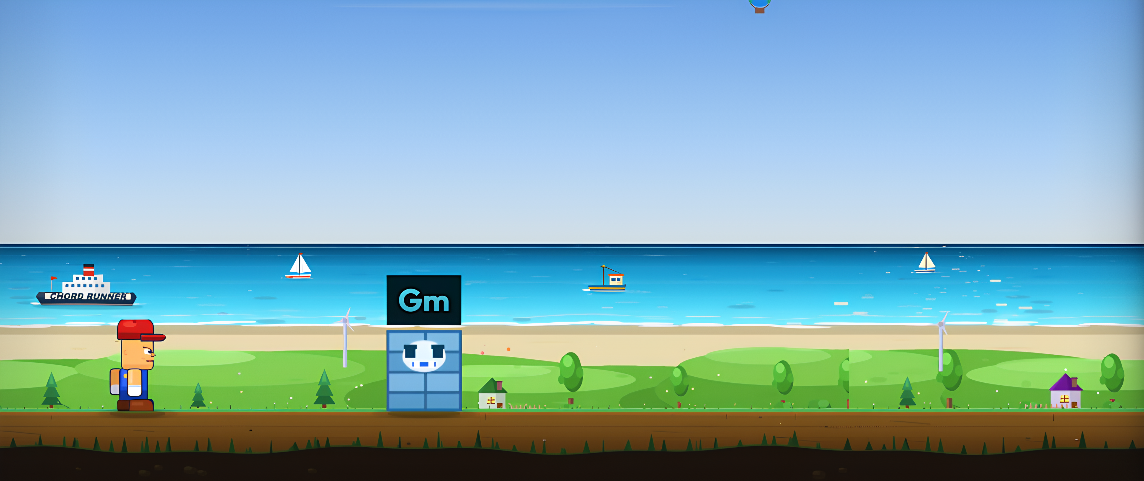 ChordRunner gameplay: the runner reads the chord Gm on screen and you play it on a MIDI keyboard or into your microphone.