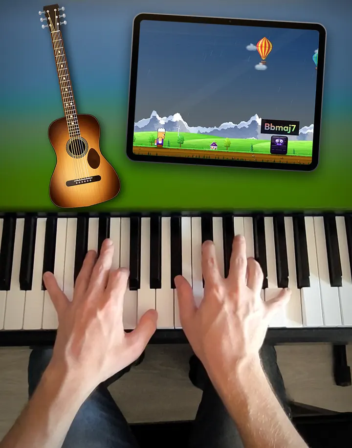 Chord Runner running on a tablet next to an acoustic guitar, above a piano being played