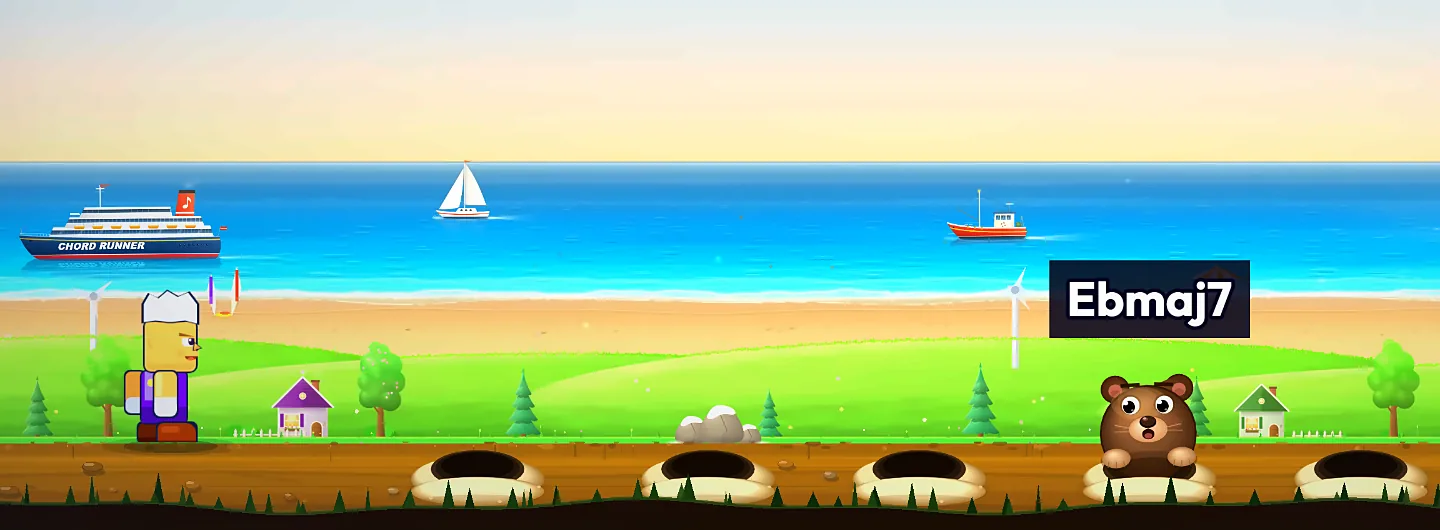 Mole Hunt gameplay: a mole pops out of a hole on the beach with the chord Ebmaj7 above it