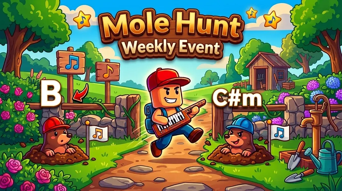 Mole Hunt weekly event: the runner with a keytar between moles popping out of the ground, each with a chord to play