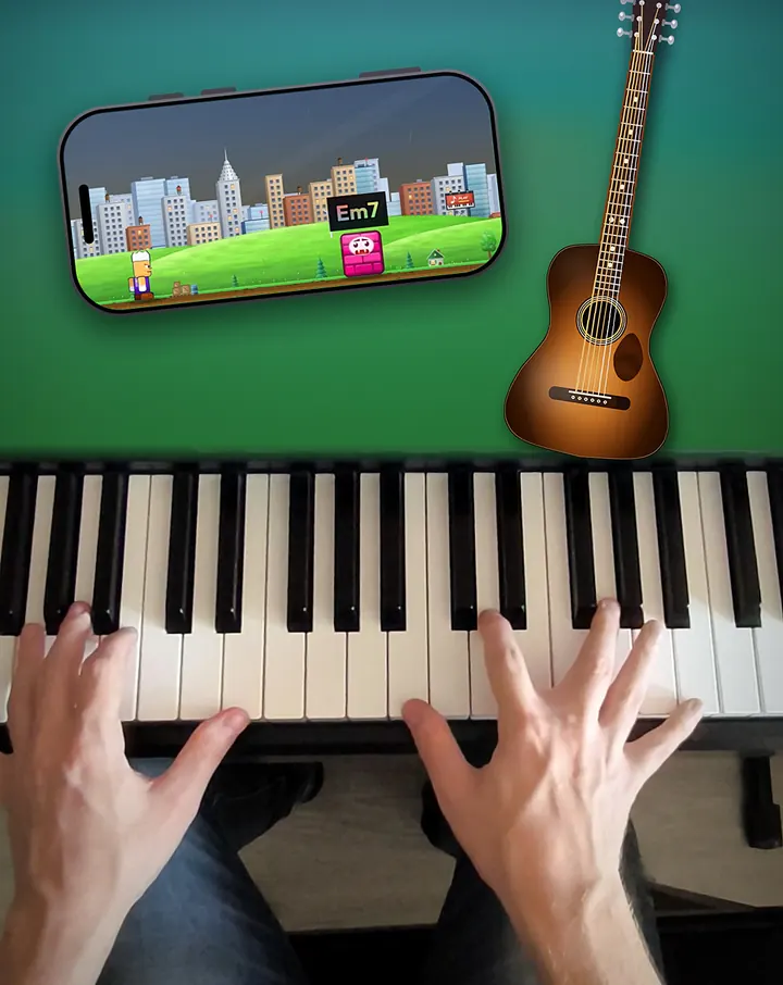 Hands playing a chord on a piano, with Chord Runner on a phone and an acoustic guitar beside it
