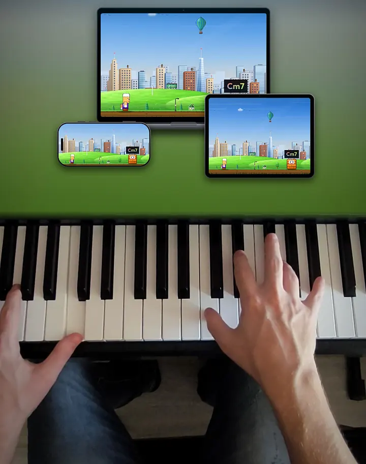 Chord Runner on a laptop, a tablet and a phone, each showing a Cm7 block, above hands playing a piano